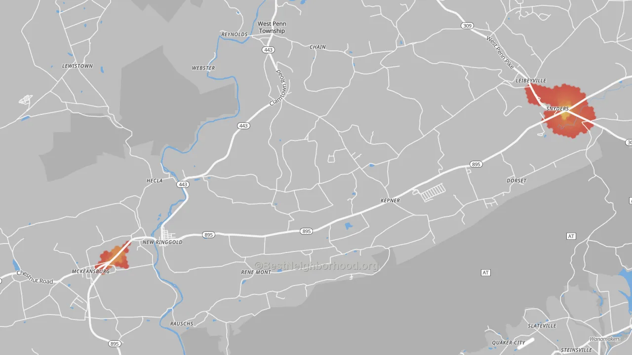 Walk Grade map of 17960, PA, walkable areas in green and car-dependent areas in red