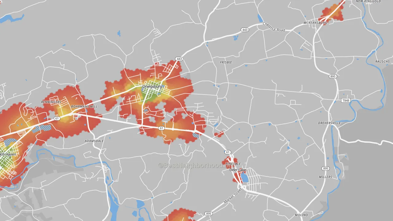 Walk Grade map of 17961, PA, walkable areas in green and car-dependent areas in red