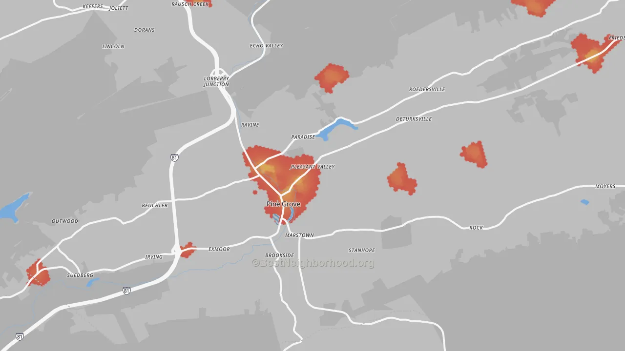 Walk Grade map of 17963, PA, walkable areas in green and car-dependent areas in red