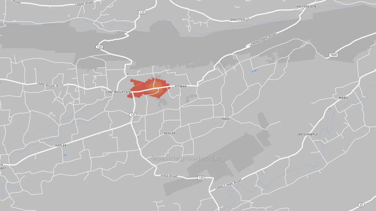 Walk Grade map of 17964, PA, walkable areas in green and car-dependent areas in red