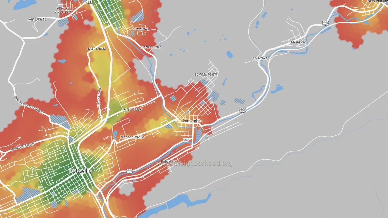 Walk Grade map of 17965, PA, walkable areas in green and car-dependent areas in red