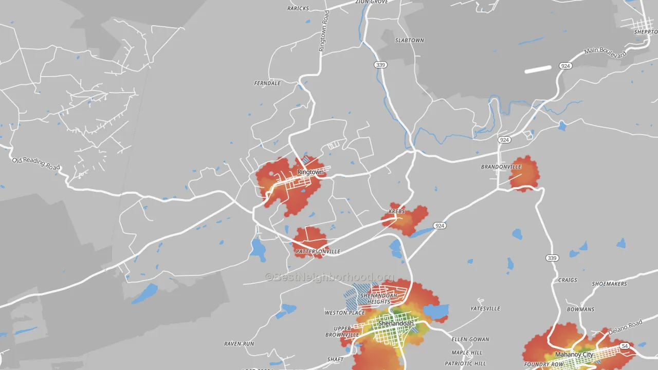 Walk Grade map of 17967, PA, walkable areas in green and car-dependent areas in red