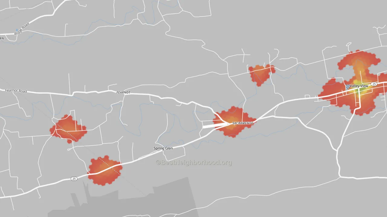 Walk Grade map of 17968, PA, walkable areas in green and car-dependent areas in red