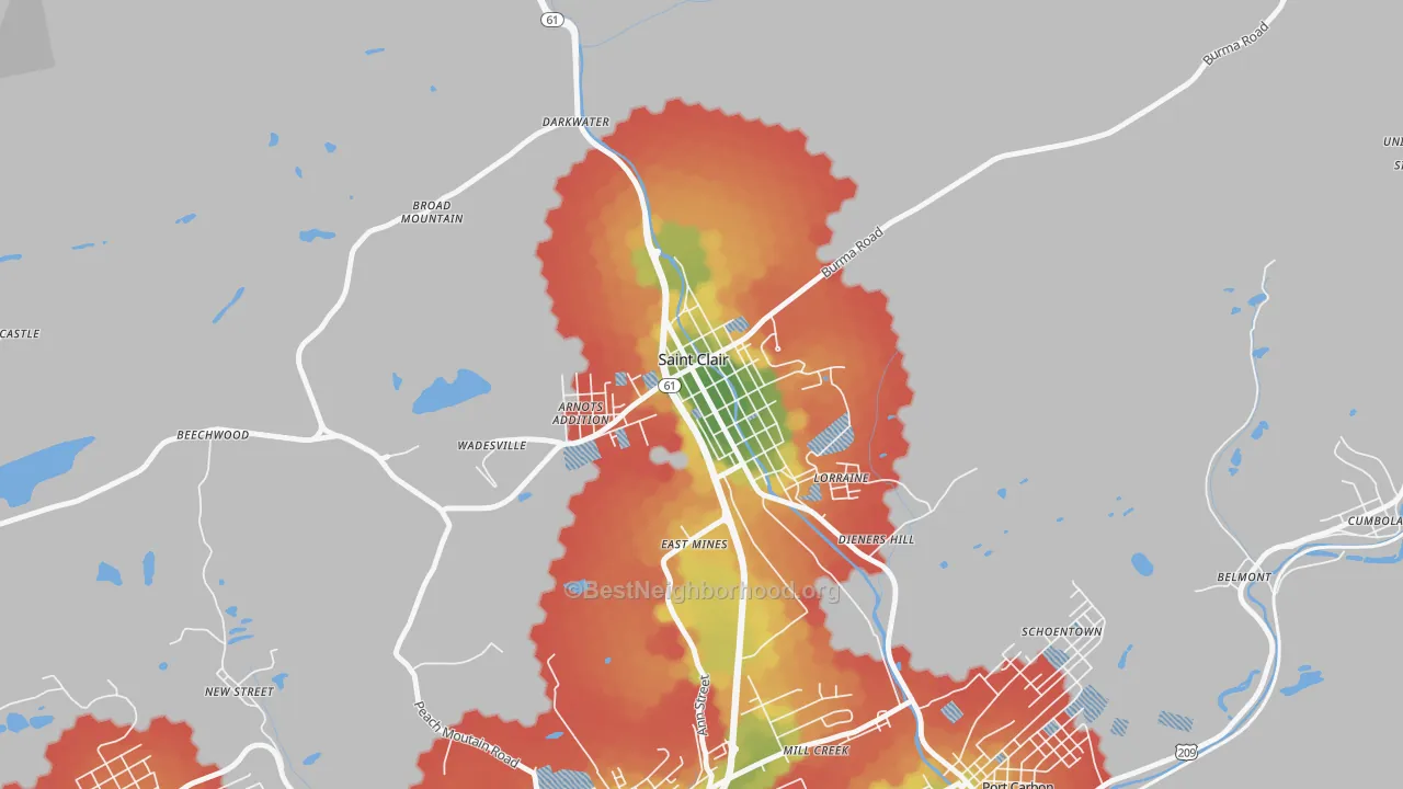 Walk Grade map of 17970, PA, walkable areas in green and car-dependent areas in red