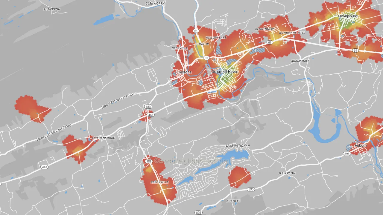 Walk Grade map of 17972, PA, walkable areas in green and car-dependent areas in red