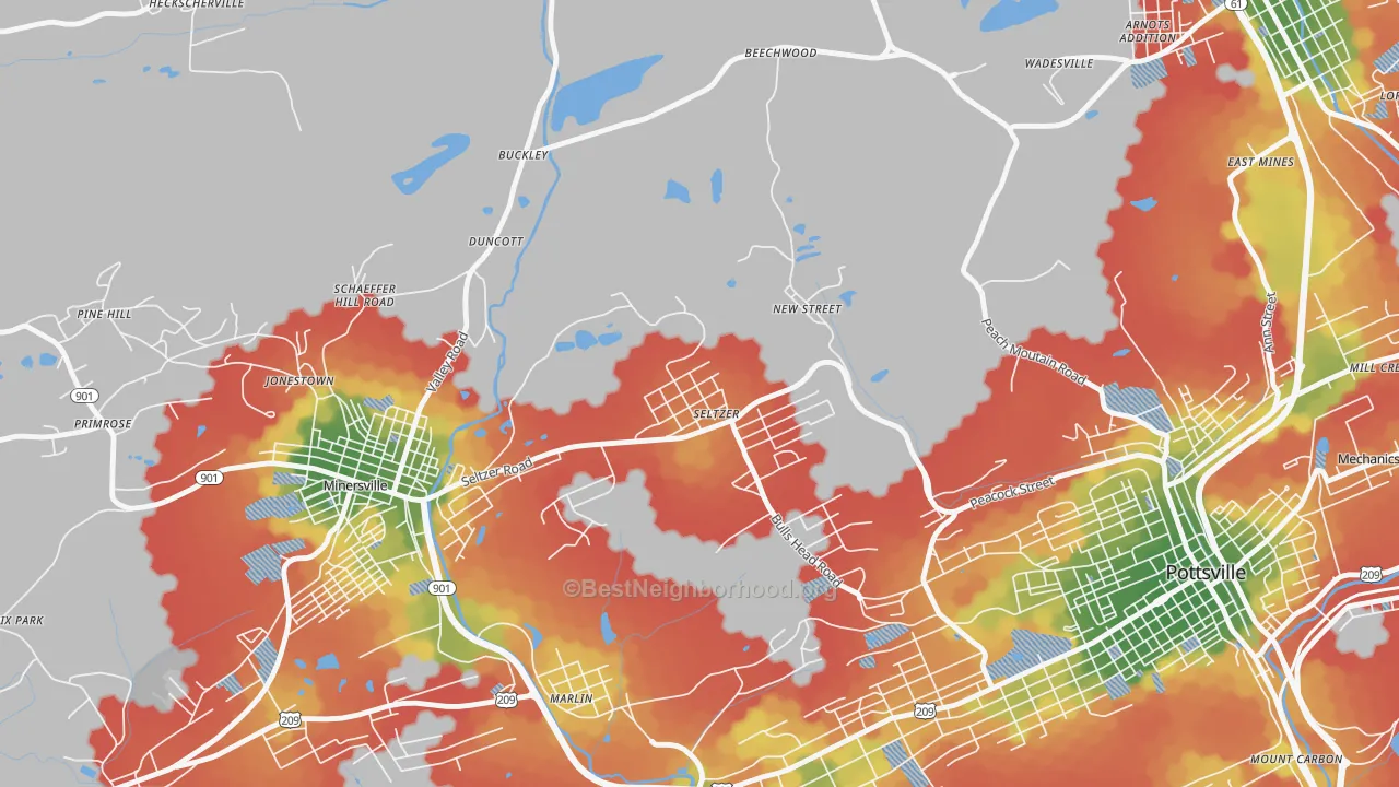 Walk Grade map of 17974, PA, walkable areas in green and car-dependent areas in red