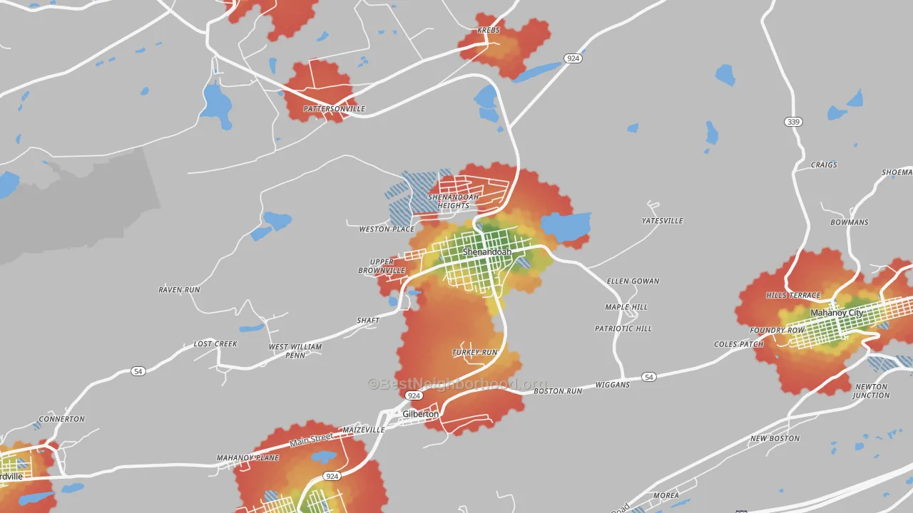 Walk Grade map of 17976, PA, walkable areas in green and car-dependent areas in red