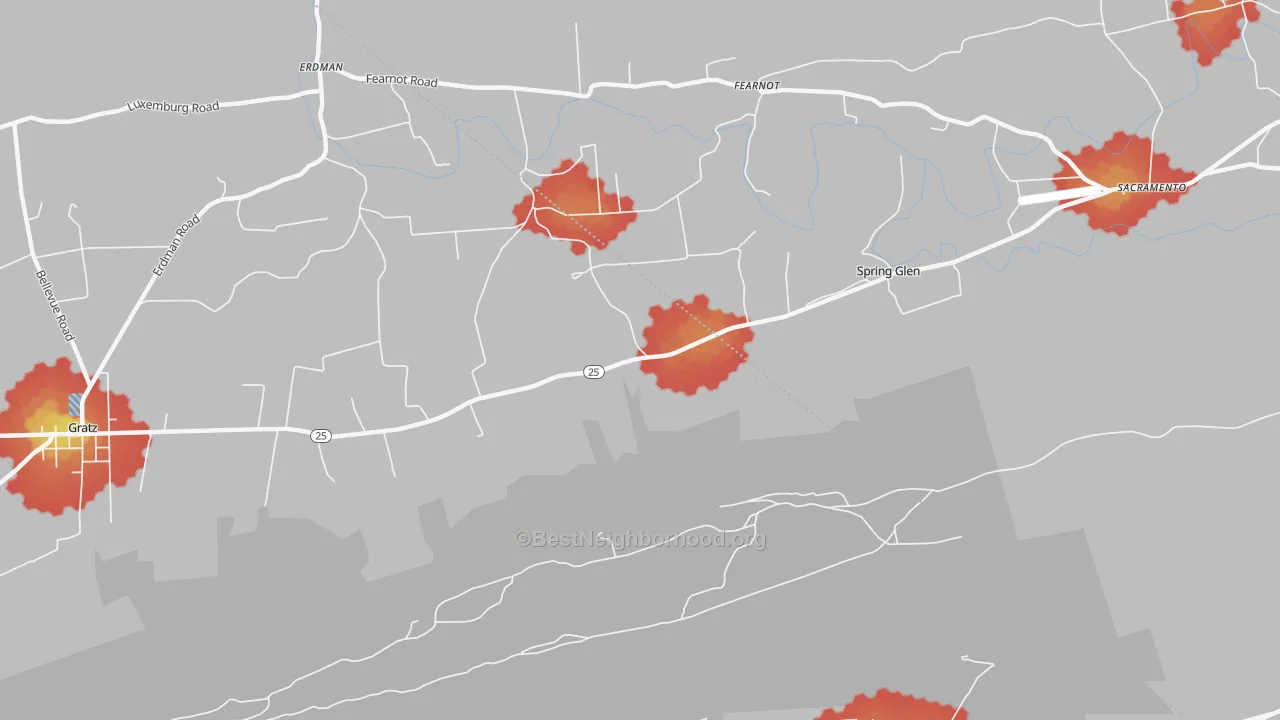 Walk Grade map of 17978, PA, walkable areas in green and car-dependent areas in red