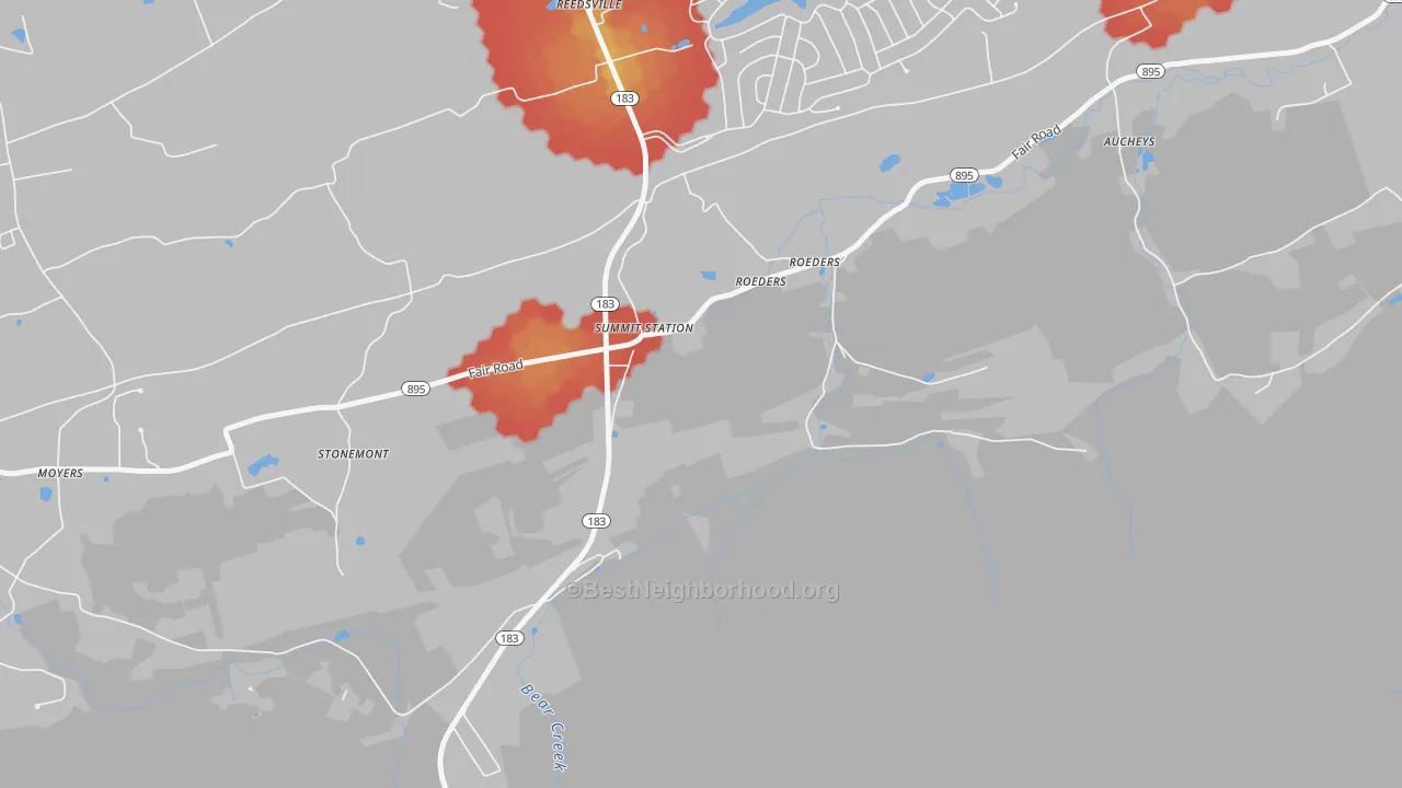 Walk Grade map of 17979, PA, walkable areas in green and car-dependent areas in red