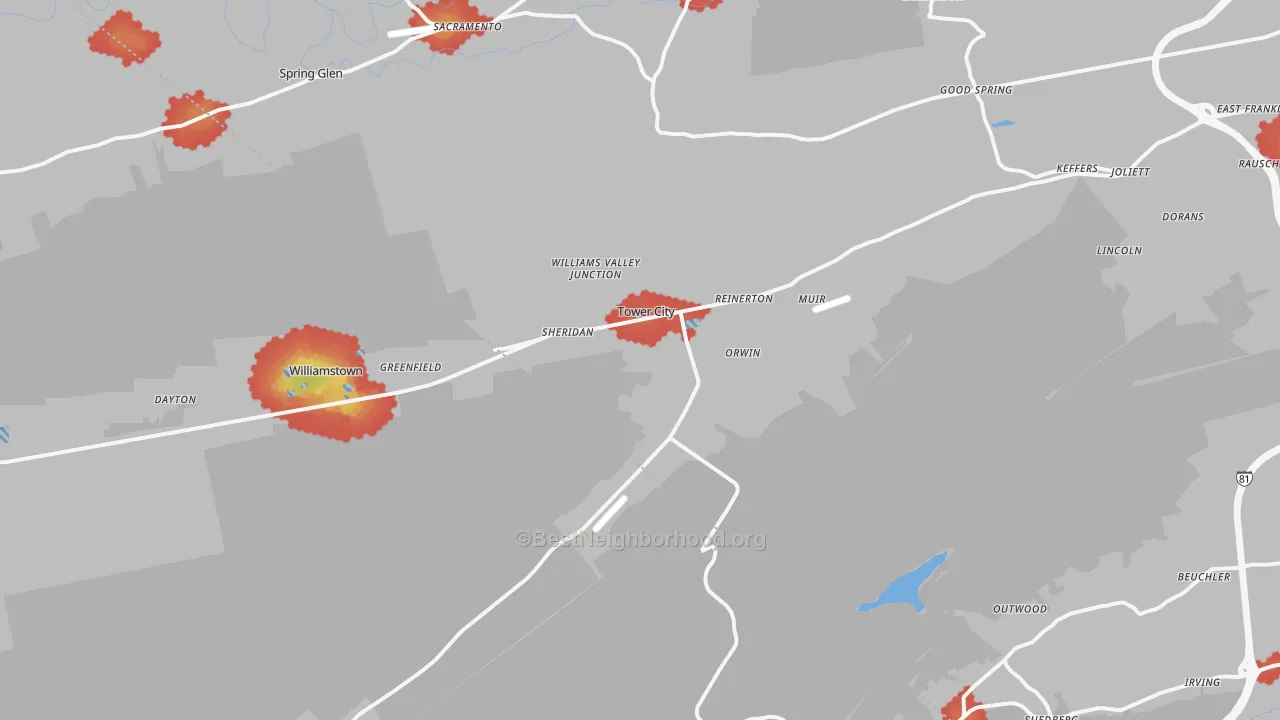Walk Grade map of 17980, PA, walkable areas in green and car-dependent areas in red