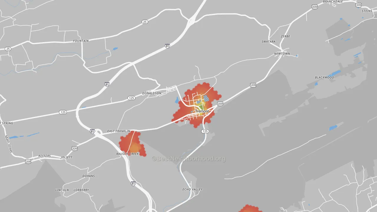 Walk Grade map of 17981, PA, walkable areas in green and car-dependent areas in red