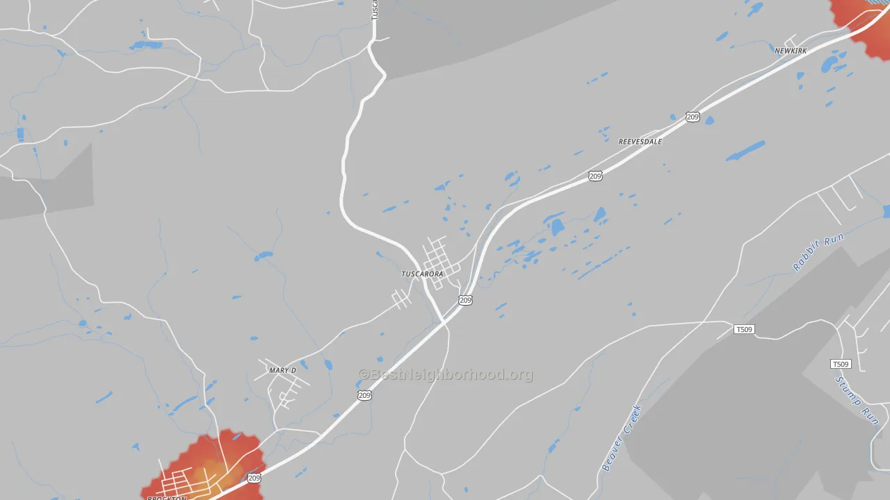 Walk Grade map of 17982, PA, walkable areas in green and car-dependent areas in red
