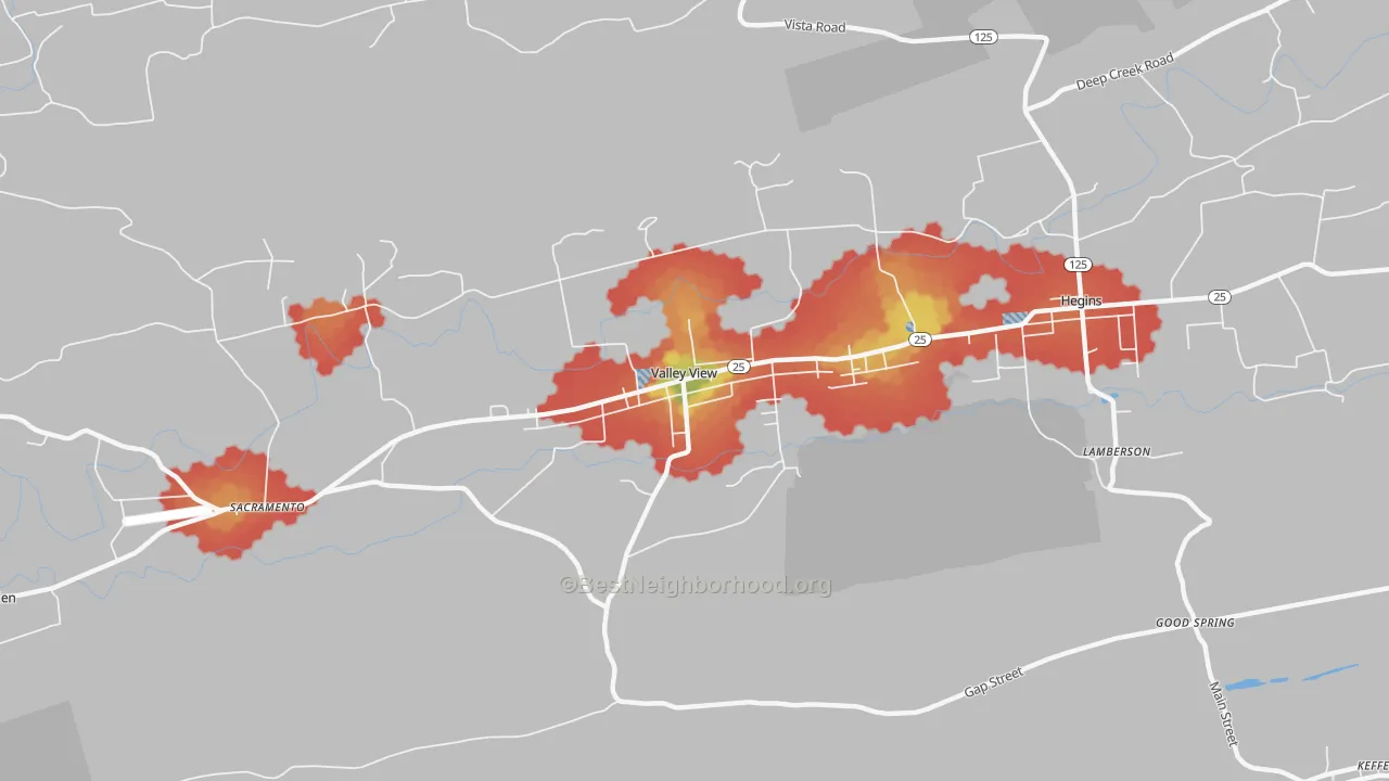 Walk Grade map of 17983, PA, walkable areas in green and car-dependent areas in red