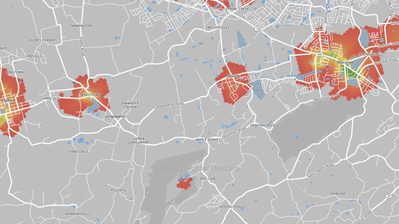 Walk Grade map of 18011, PA, walkable areas in green and car-dependent areas in red