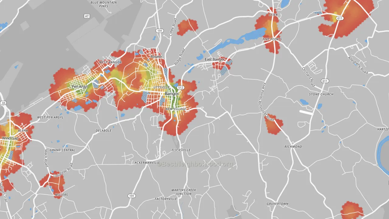 Walk Grade map of 18013, PA, walkable areas in green and car-dependent areas in red