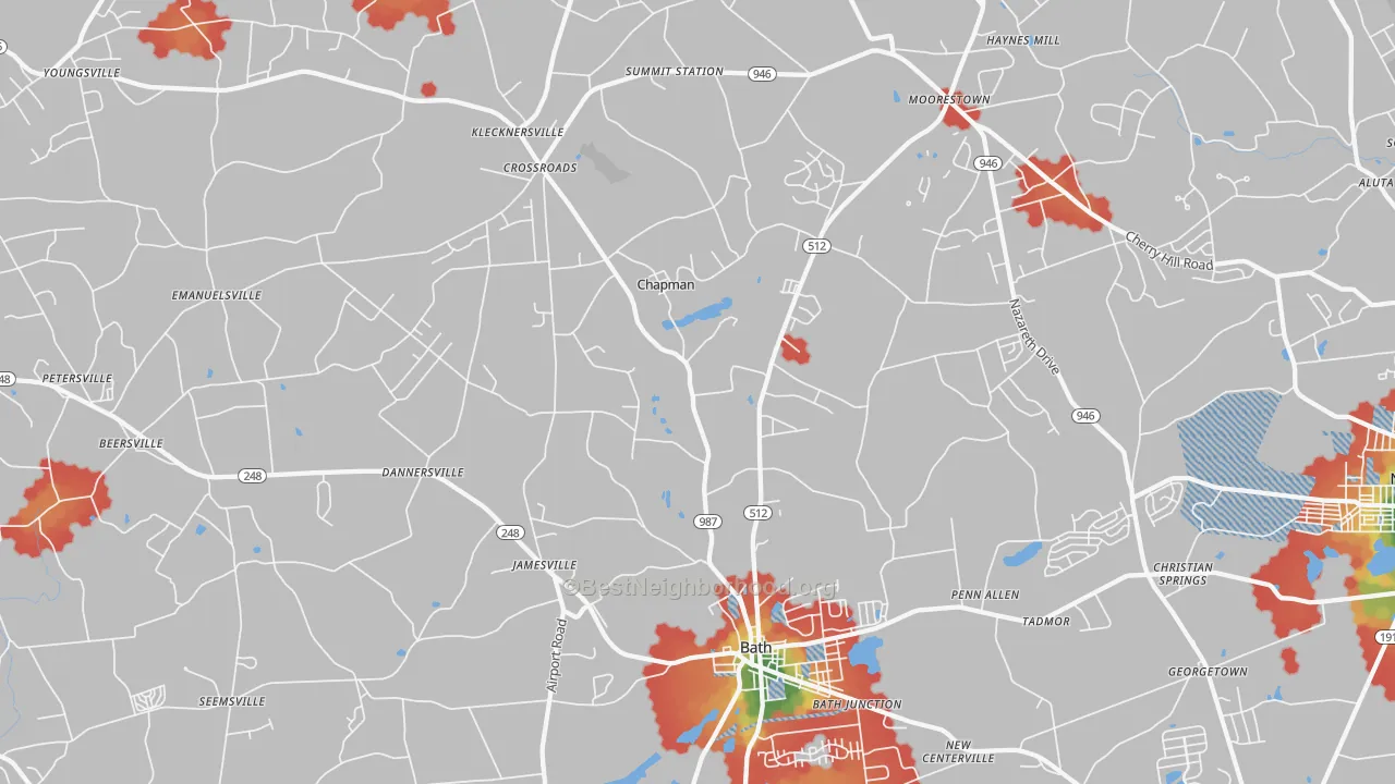 Walk Grade map of 18014, PA, walkable areas in green and car-dependent areas in red