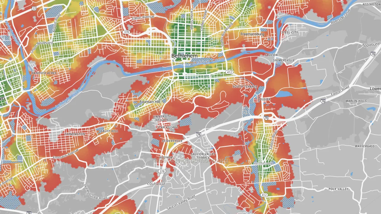 Walk Grade map of 18015, PA, walkable areas in green and car-dependent areas in red