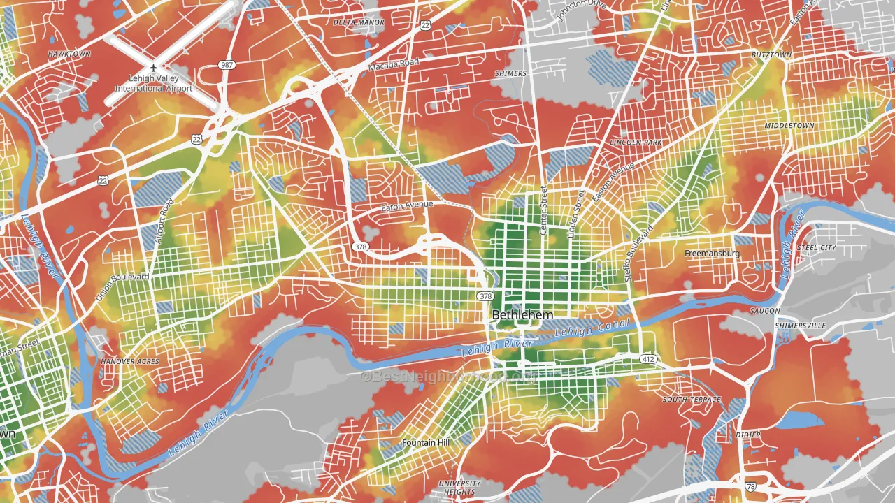 Walk Grade map of 18018, PA, walkable areas in green and car-dependent areas in red