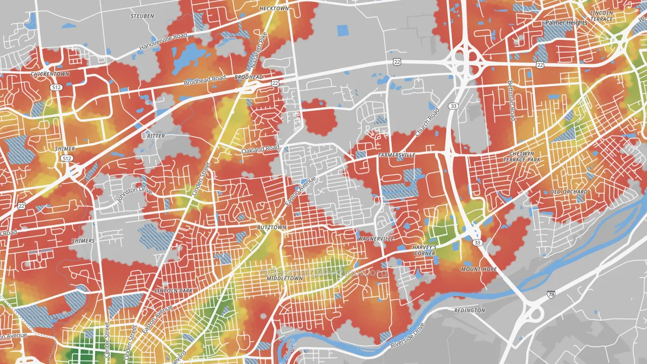 Walk Grade map of 18020, PA, walkable areas in green and car-dependent areas in red