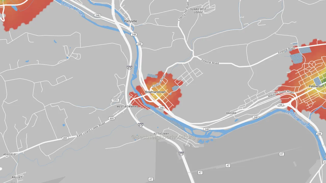 Walk Grade map of 18030, PA, walkable areas in green and car-dependent areas in red