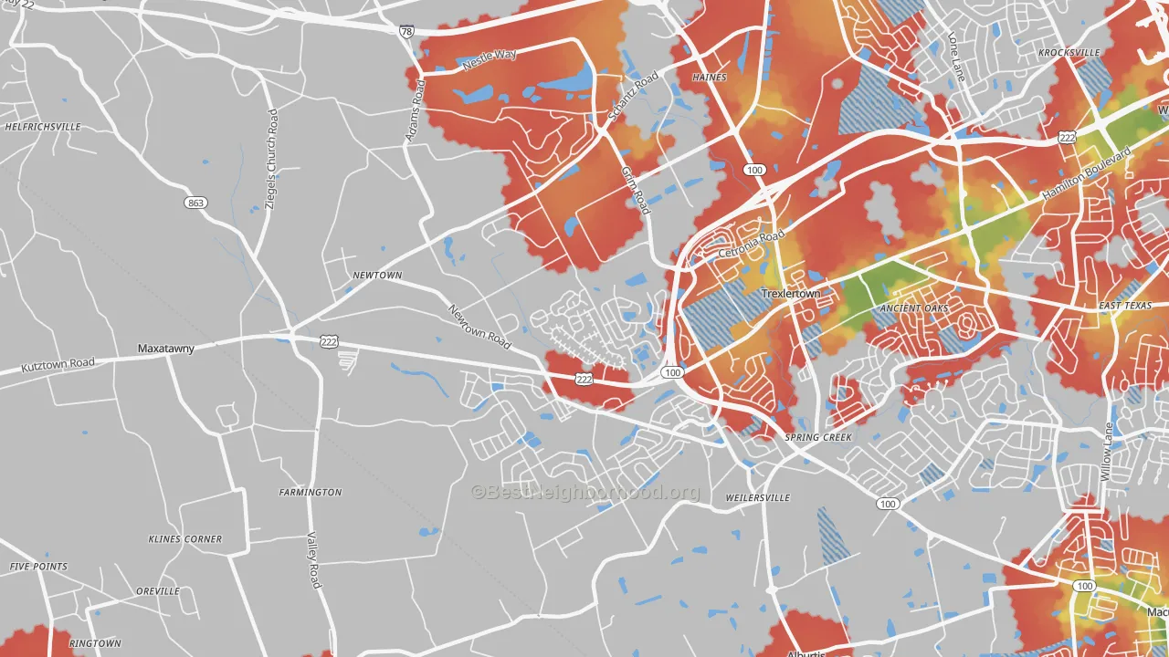 Walk Grade map of 18031, PA, walkable areas in green and car-dependent areas in red