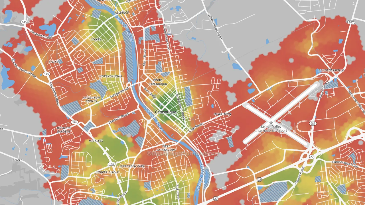 Walk Grade map of 18032, PA, walkable areas in green and car-dependent areas in red