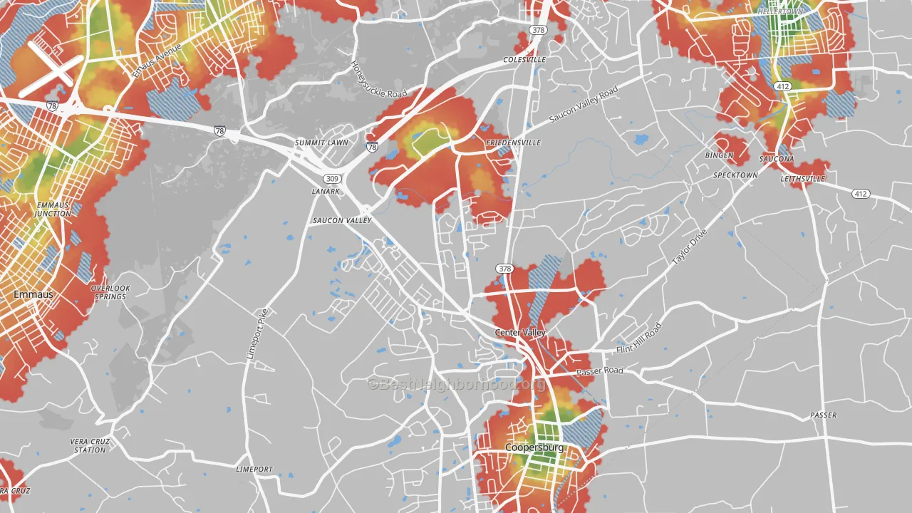 Walk Grade map of 18034, PA, walkable areas in green and car-dependent areas in red