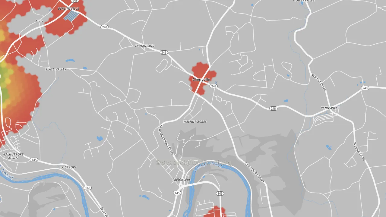 Walk Grade map of 18035, PA, walkable areas in green and car-dependent areas in red