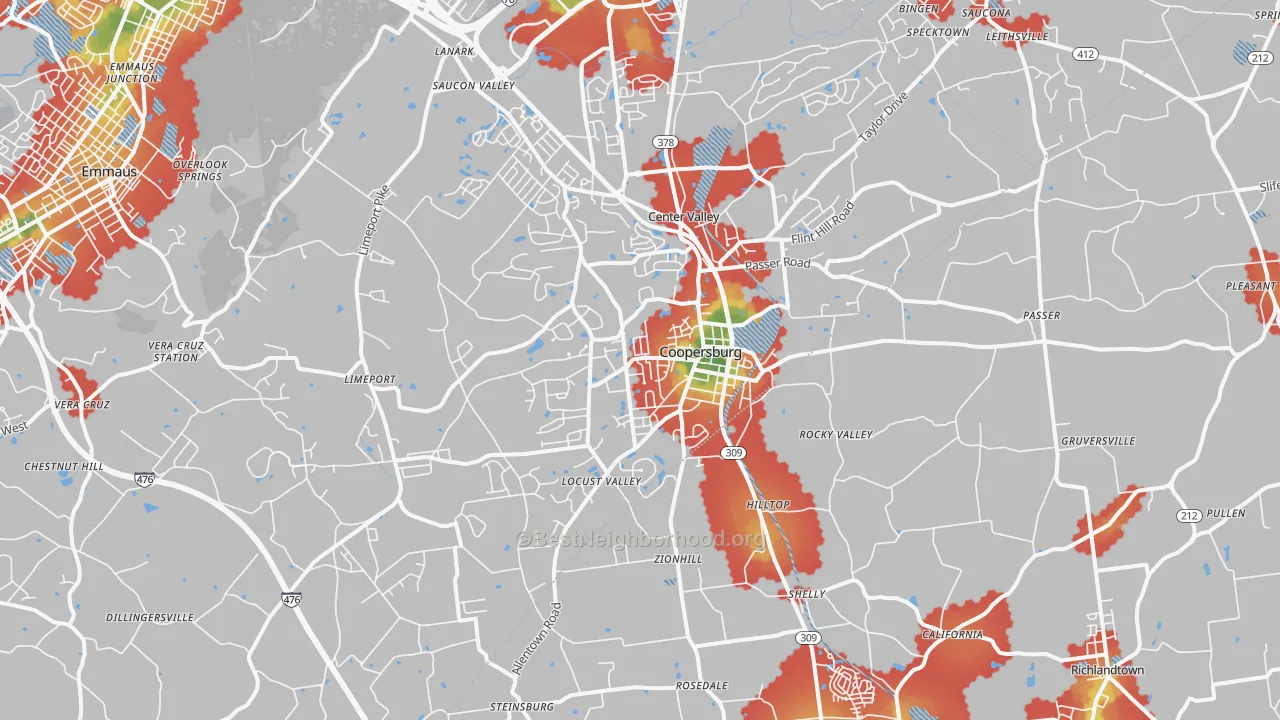 Walk Grade map of 18036, PA, walkable areas in green and car-dependent areas in red