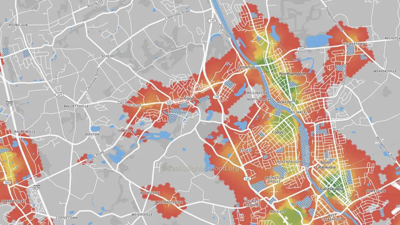 Walk Grade map of 18037, PA, walkable areas in green and car-dependent areas in red