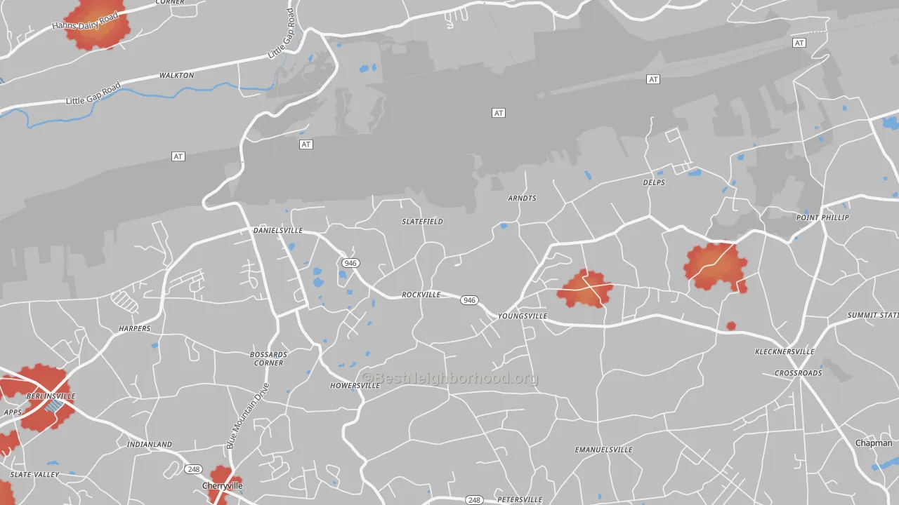 Walk Grade map of 18038, PA, walkable areas in green and car-dependent areas in red