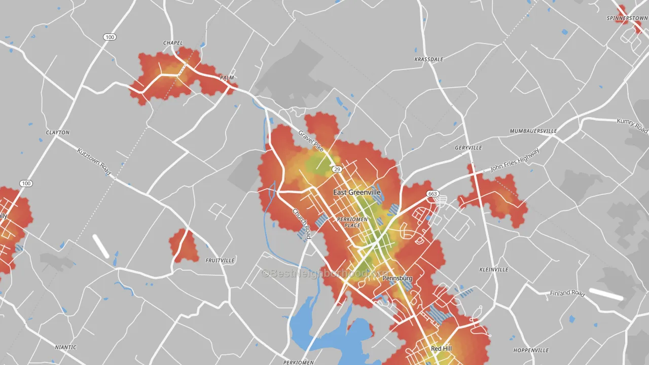 Walk Grade map of 18041, PA, walkable areas in green and car-dependent areas in red
