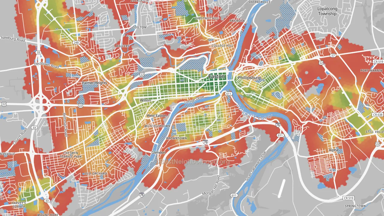 Walk Grade map of 18042, PA, walkable areas in green and car-dependent areas in red