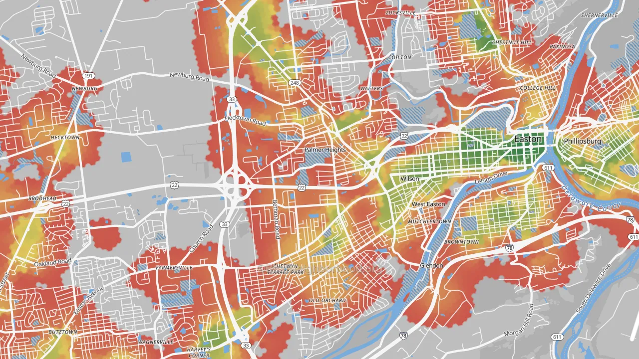 Walk Grade map of 18045, PA, walkable areas in green and car-dependent areas in red