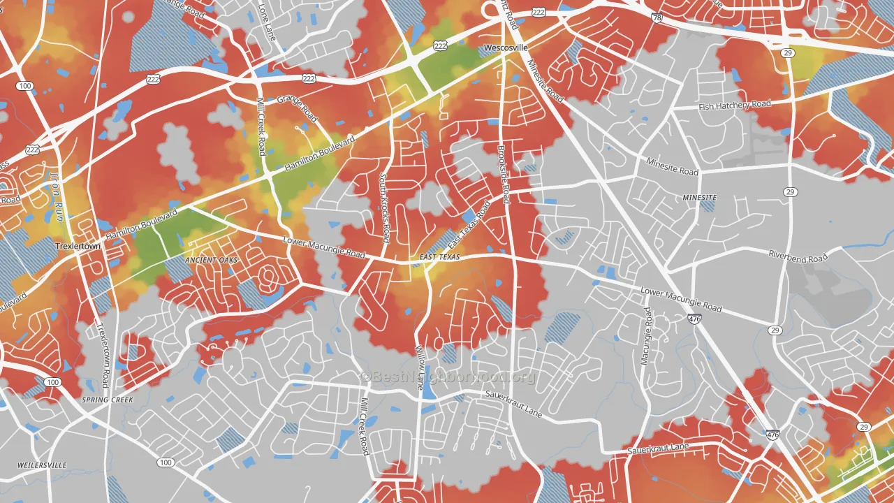 Walk Grade map of 18046, PA, walkable areas in green and car-dependent areas in red