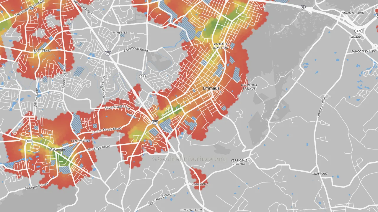 Walk Grade map of 18049, PA, walkable areas in green and car-dependent areas in red