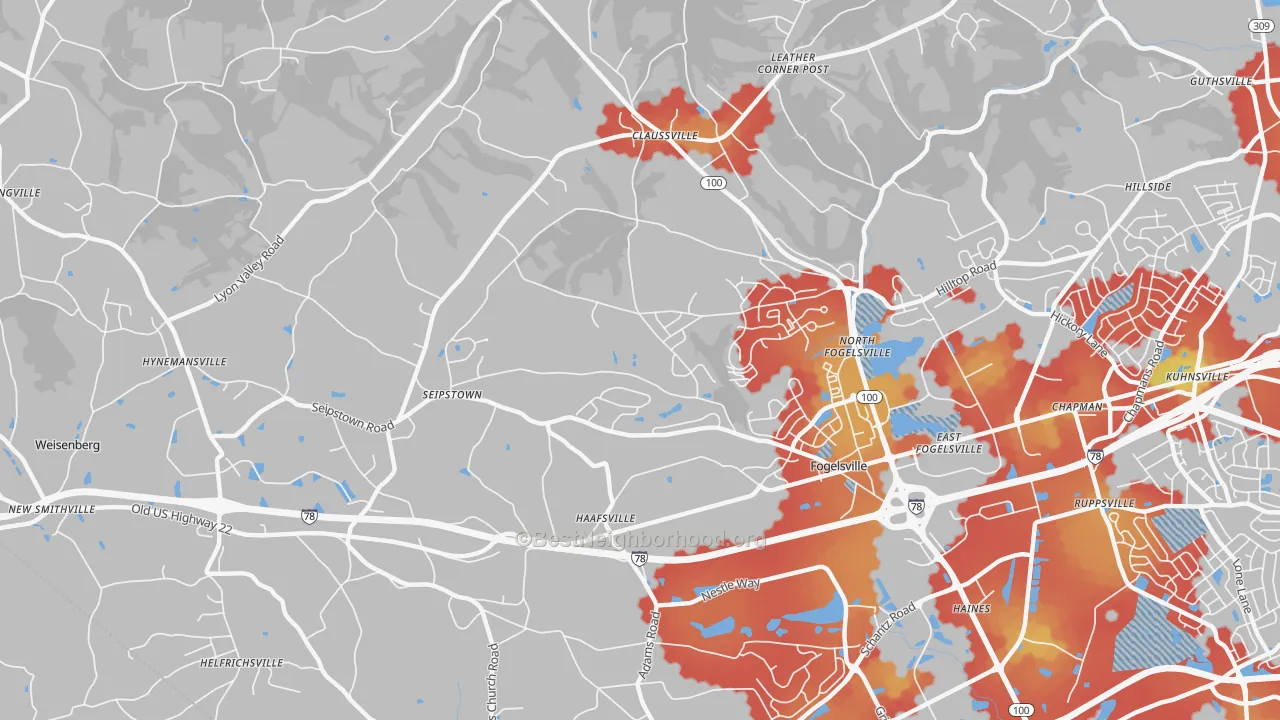 Walk Grade map of 18051, PA, walkable areas in green and car-dependent areas in red