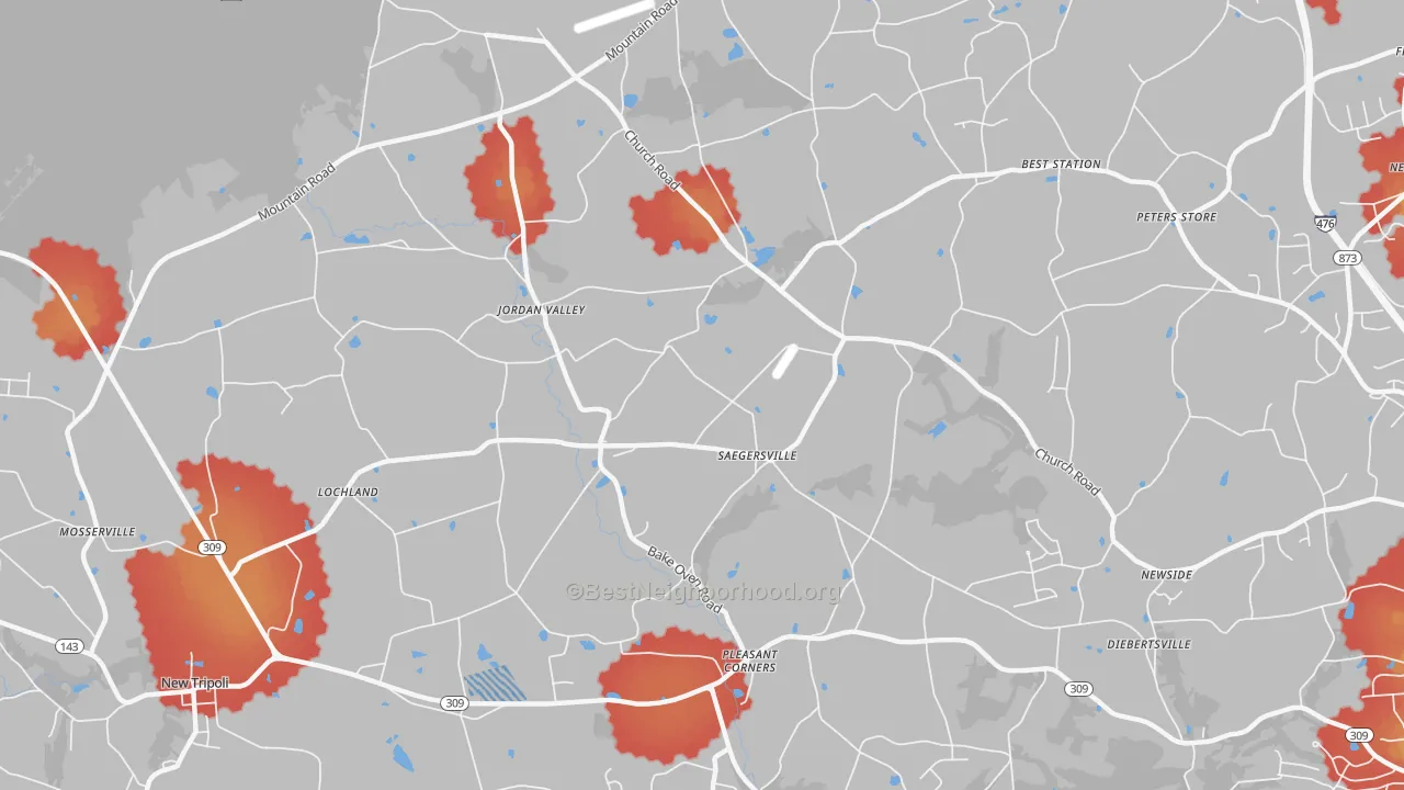Walk Grade map of 18053, PA, walkable areas in green and car-dependent areas in red