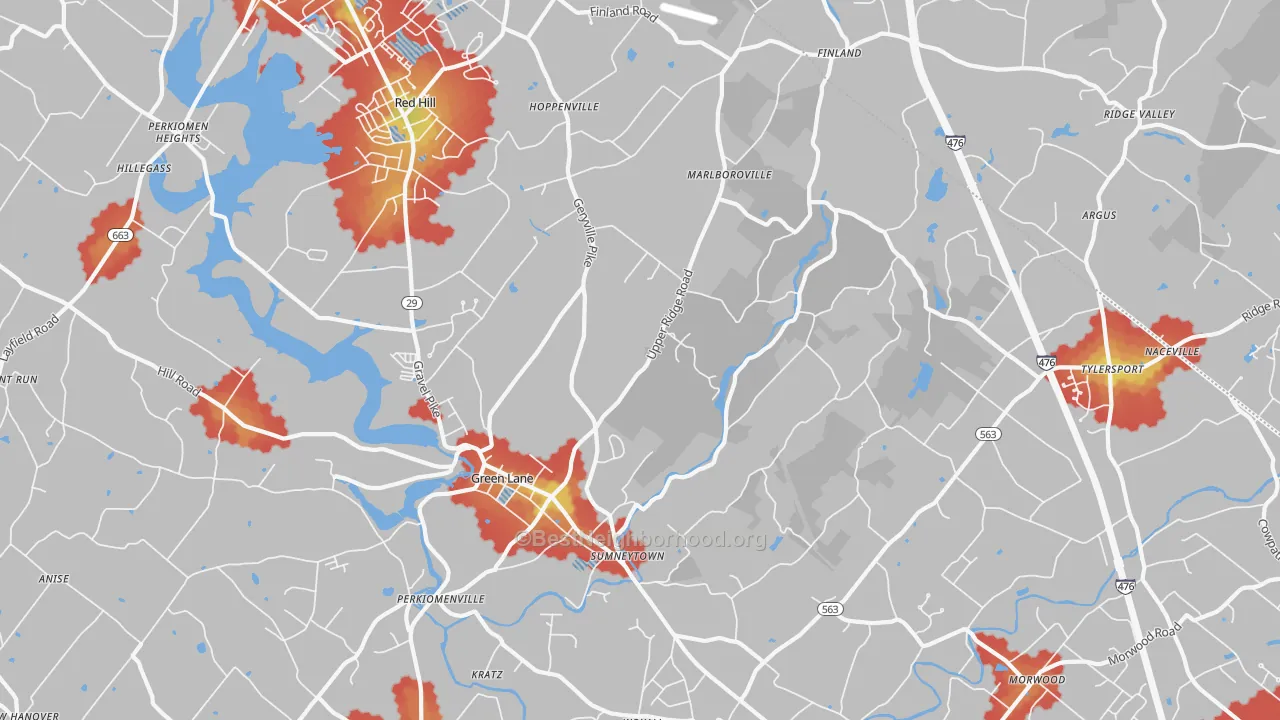 Walk Grade map of 18054, PA, walkable areas in green and car-dependent areas in red