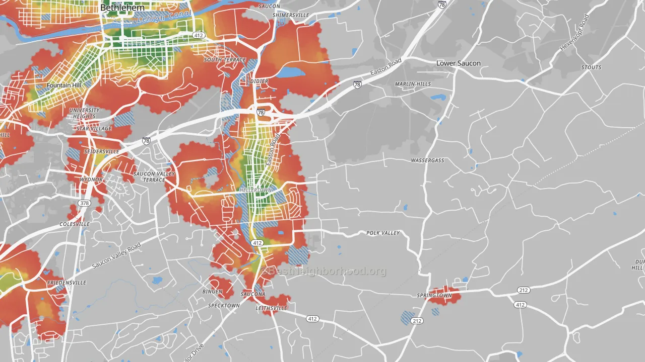 Walk Grade map of 18055, PA, walkable areas in green and car-dependent areas in red