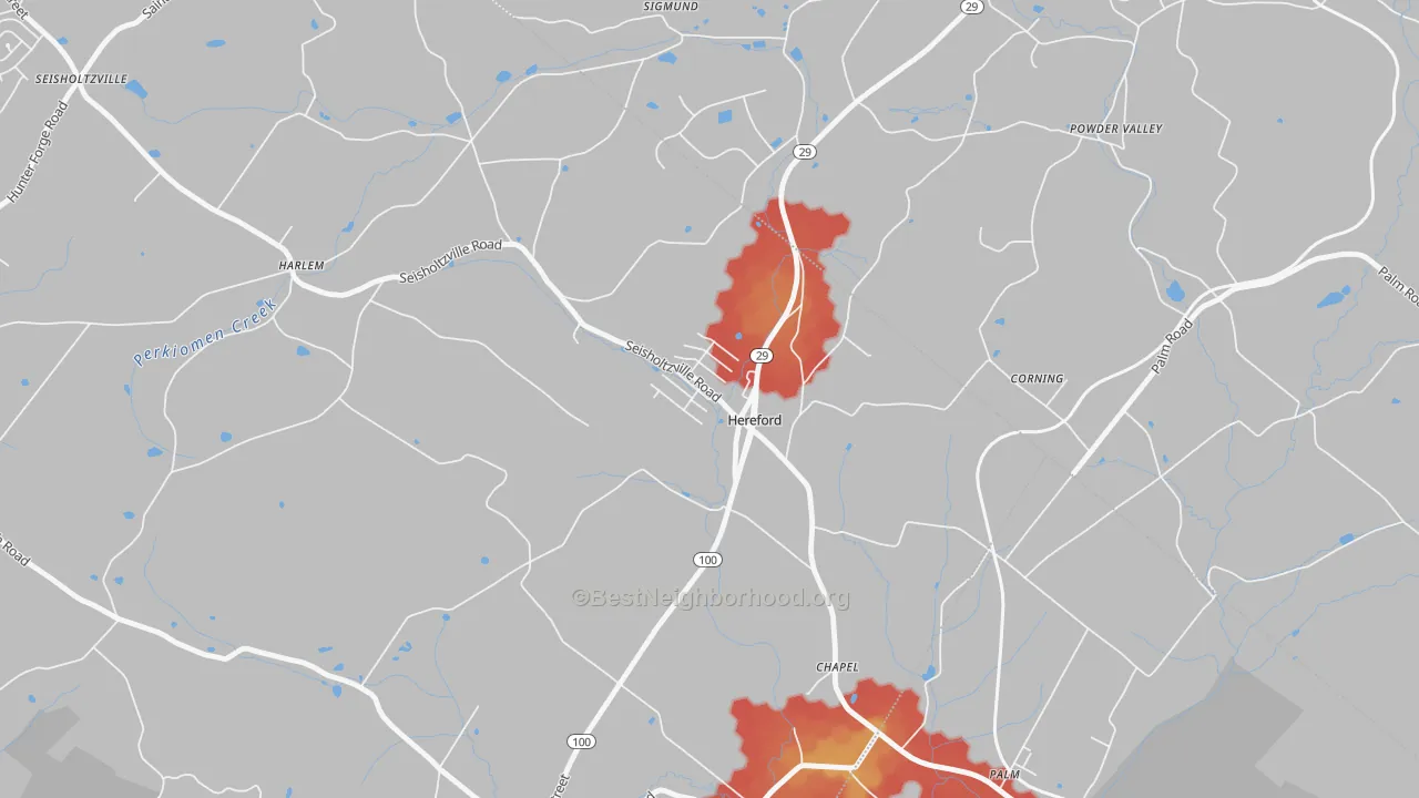 Walk Grade map of 18056, PA, walkable areas in green and car-dependent areas in red