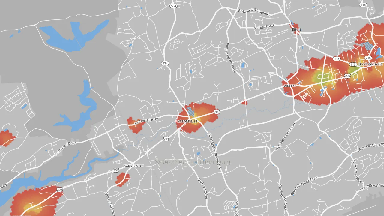 Walk Grade map of 18058, PA, walkable areas in green and car-dependent areas in red