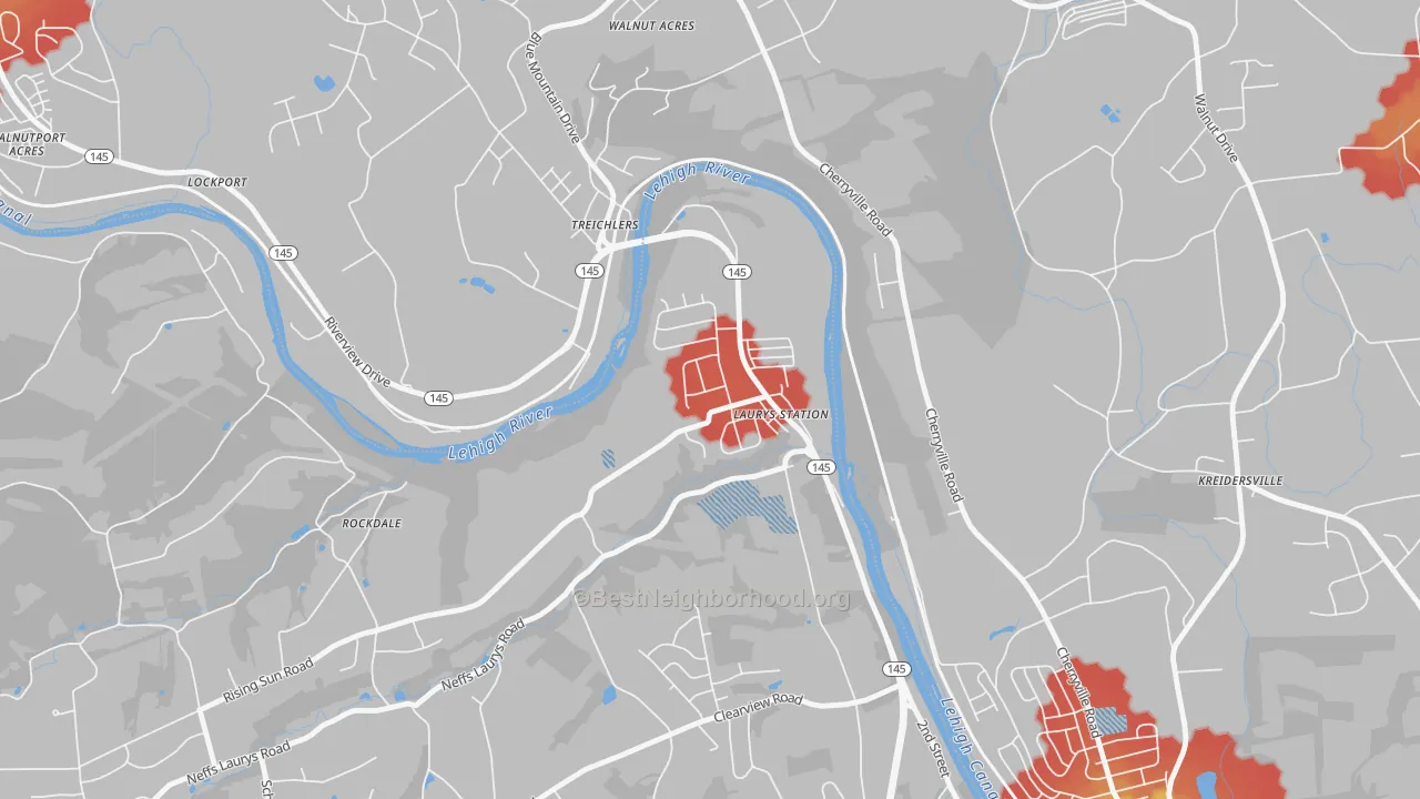 Walk Grade map of 18059, PA, walkable areas in green and car-dependent areas in red