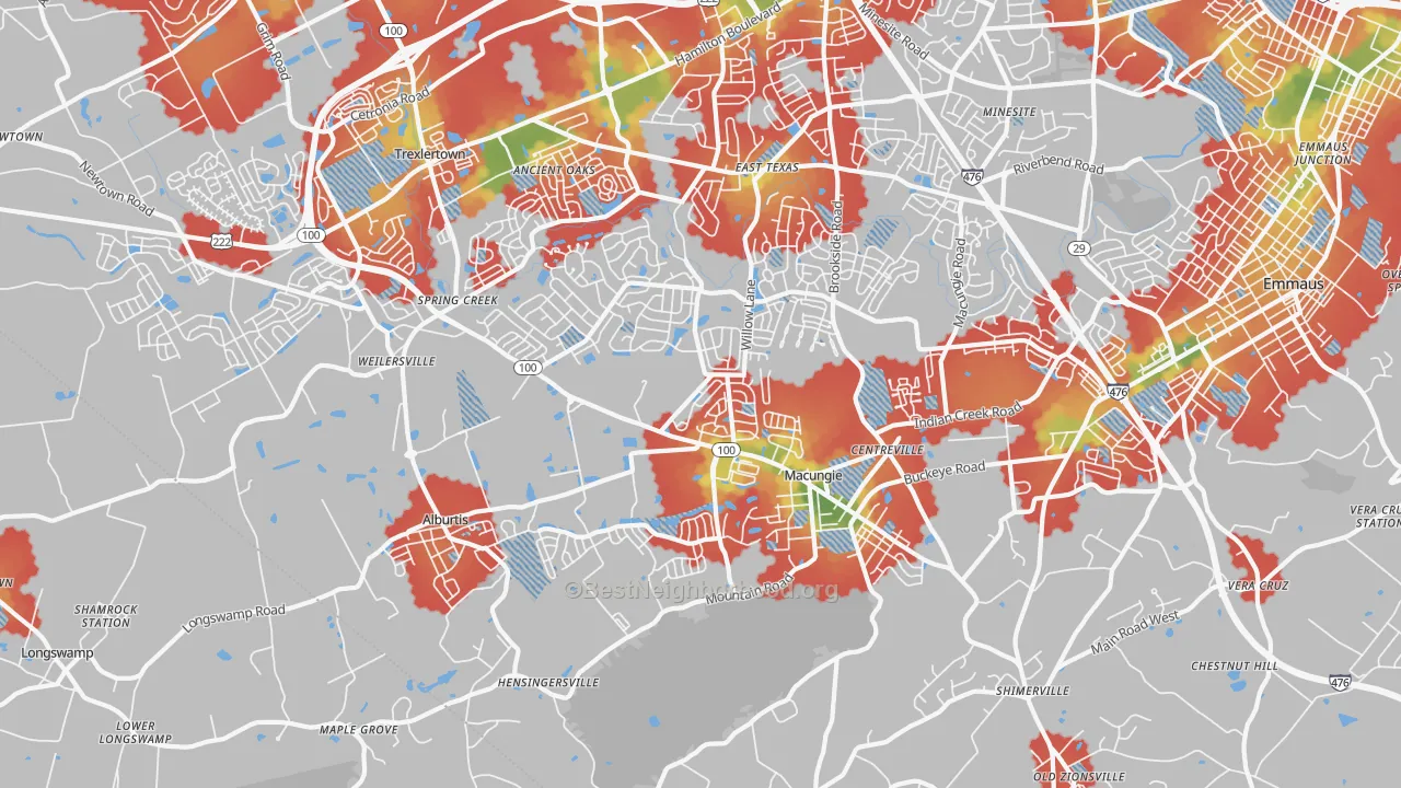Walk Grade map of 18062, PA, walkable areas in green and car-dependent areas in red