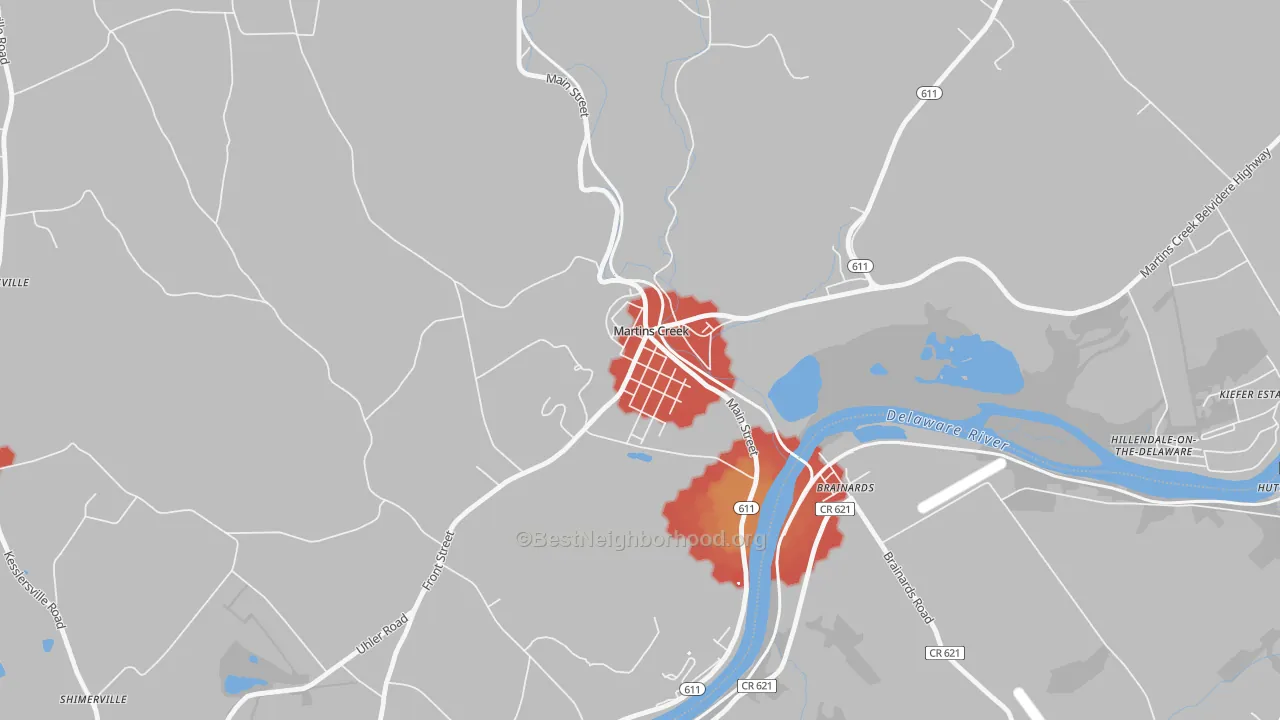 Walk Grade map of 18063, PA, walkable areas in green and car-dependent areas in red