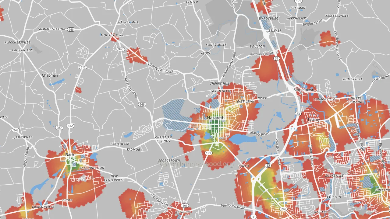 Walk Grade map of 18064, PA, walkable areas in green and car-dependent areas in red