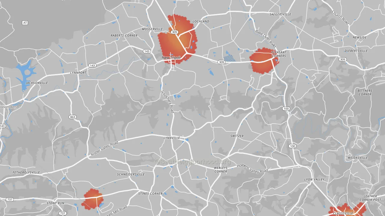 Walk Grade map of 18066, PA, walkable areas in green and car-dependent areas in red