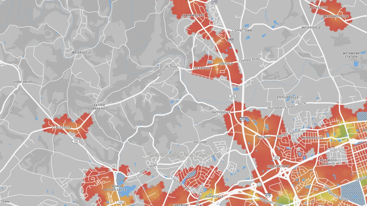 Walk Grade map of 18069, PA, walkable areas in green and car-dependent areas in red