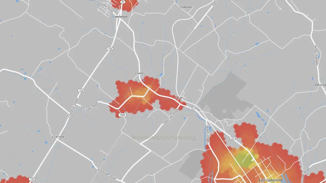 Walk Grade map of 18070, PA, walkable areas in green and car-dependent areas in red