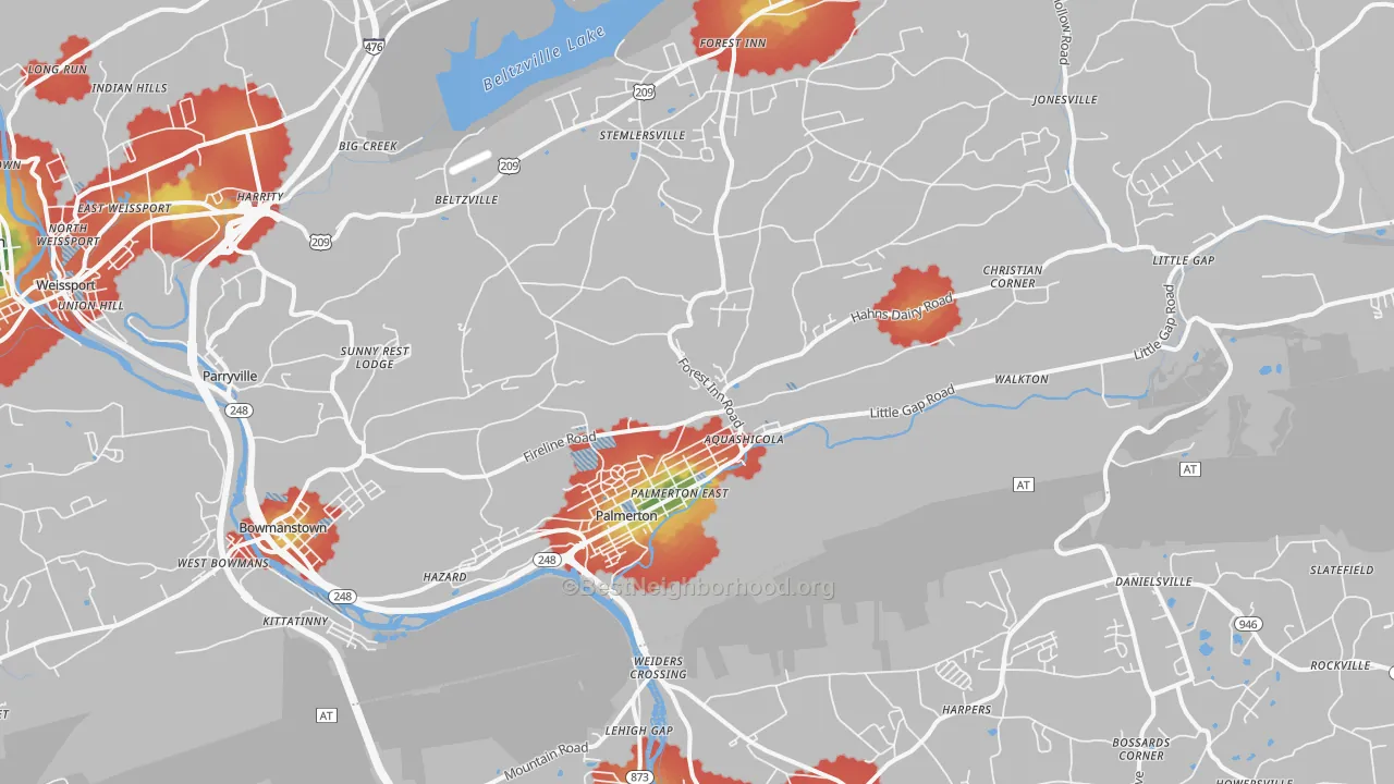 Walk Grade map of 18071, PA, walkable areas in green and car-dependent areas in red